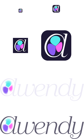 The Awendy logo at several sizes, the “a” alone as a favicon and an app icon, then the full name.