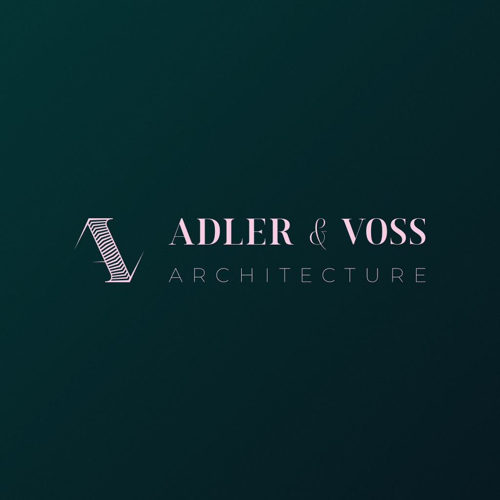 Adler & Voss logo: the A and V monogram and the name, pale pink on emerald