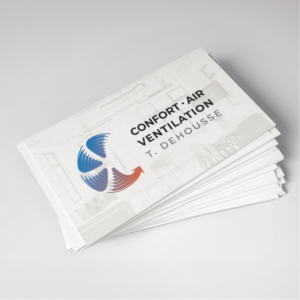 A stack of Confort Air Ventilation business cards, the blades of the logo in blue and orange beside the company's name