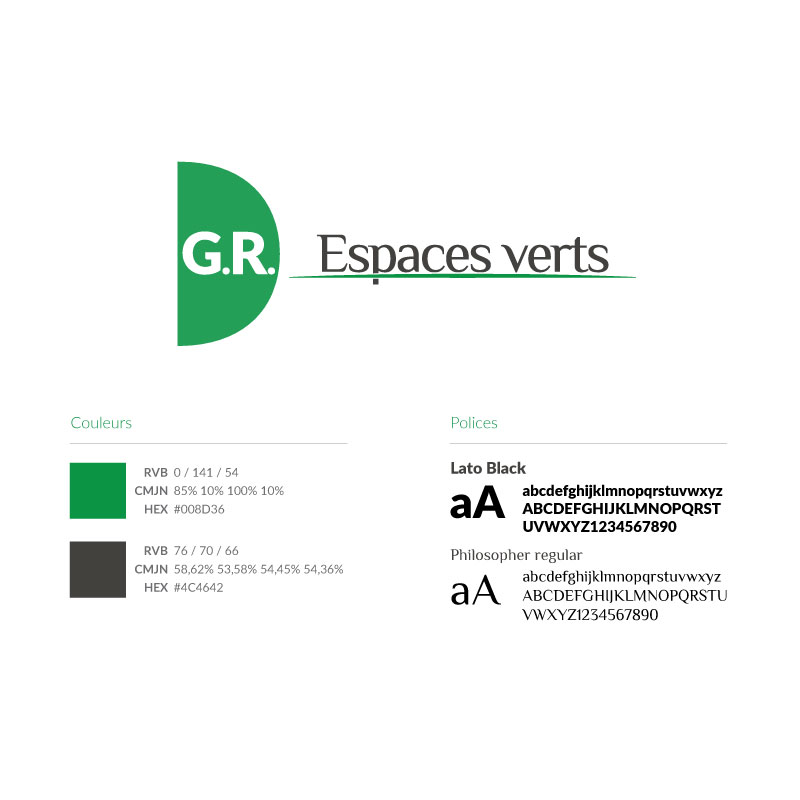 The G.R. Espaces verts brand sheet: the logo, its two colours with their values, and its two typefaces, Lato Black and Philosopher