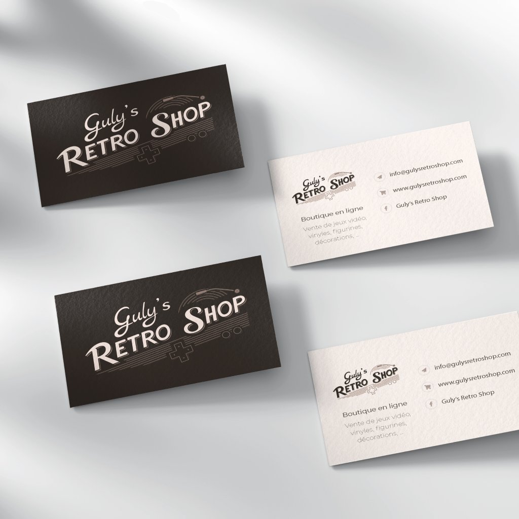 The shop's business cards, front and back: the logo in light ink on dark brown, and on the paper side the online store, what it sells and its contact details