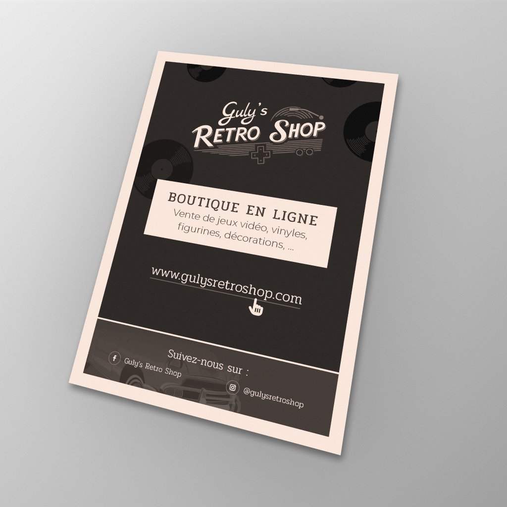 The shop's flyer on the dark brown: the logo among vinyl records, the online store and what it sells, its web address and its social media accounts